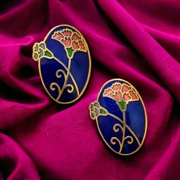 Vintage 80s Enamel Cloisonne Earrings Pierced Floral Lily Gold Tone Large Oval. - Picture 13 of 15